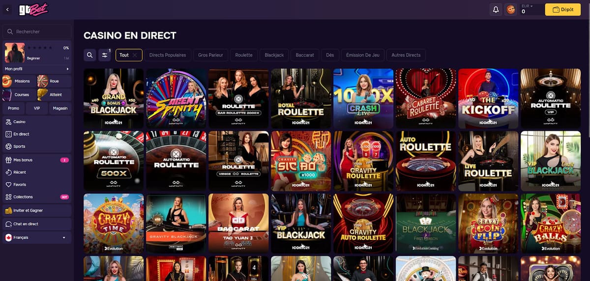 Casino en vivo móvil de GT Bet visto desde la PWA tras la instalación